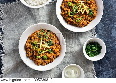 Keema Curry In Bowls. Indian And Pakistani Style Dish. Top View, Flat Lay
