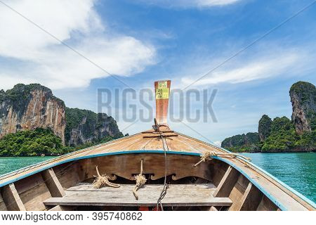 Ship Nose Front View Long Tail Boat At Sea In Railay, Krabi, Andaman Sea, Thailand