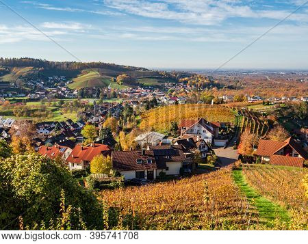 Colorful Landscape Aerial View Of Little Village Kappelrodeck In Black Forest Mountains. Beautiful M