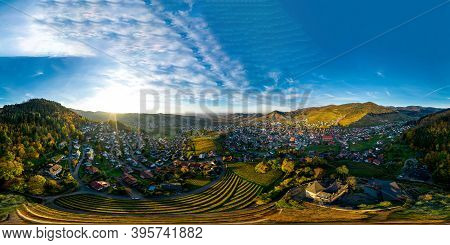 Colorful Landscape 360-degree Panoramic Aerial View Of Little Village Kappelrodeck In Black Forest M