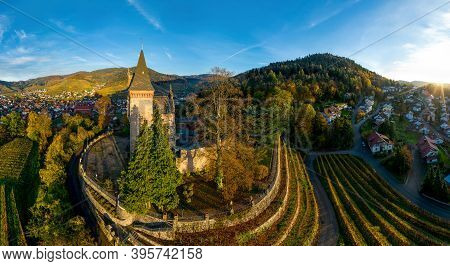 Colorful Landscape Aerial View Of Little Village Kappelrodeck In Black Forest Mountains. Beautiful M