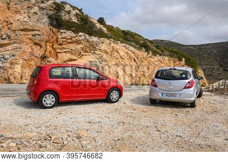 Ios, Greece - September 20, 2020: Opel Corsa And Seat Mii On The Road In The Mountainous Part Of Ios