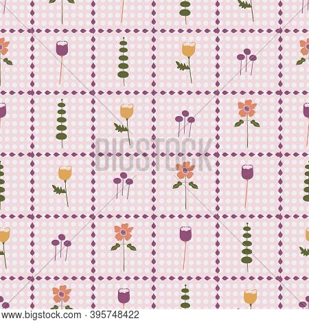 Geometric Pink, Purple, Orange Floral Checked Seamless Pattern Background