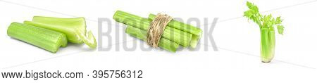 Collage Of Celery Isolated On A White Background Cutout