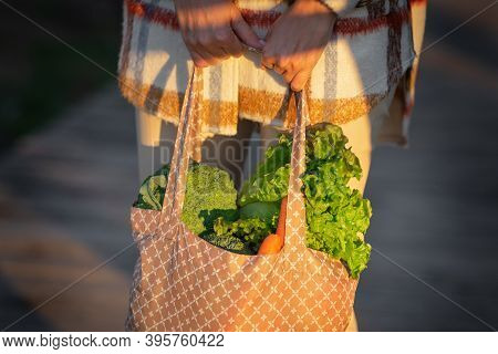 Young Woman Holding Eco Reusable Textile Grocery Bag With Vegetables. Plant Based Diet Shopping. Cle