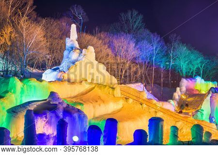 SOUNKYO, JAPAN - FEBRUARY 14, 2017: Illuminated ice sculptures at the annual Sounkyo Ice Fall Festival.