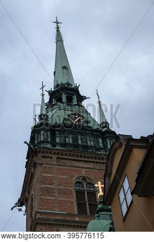 Church Of St. Gertrude. German Church, Spire And Clock. Stockholm, Sweden.