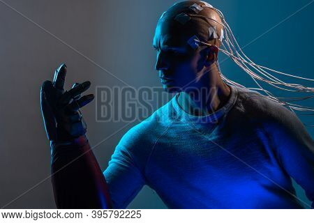 Bald Man With Electrodes In His Brain, A Man Of The Future With Technological Additions, The Brain I
