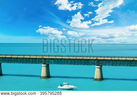 Fishing Boat By A Bridge In Florida Keys, Usa