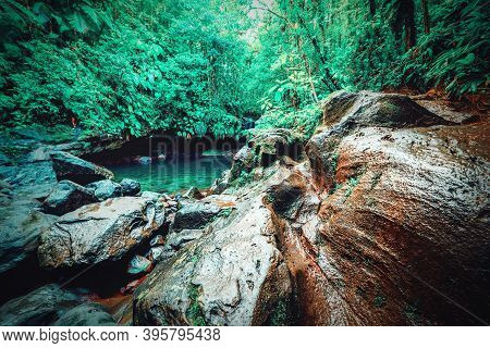 Rocks By Bassin Paradise Lagoon In Basse Terre Jungle. Guadeloupe, Caribbean