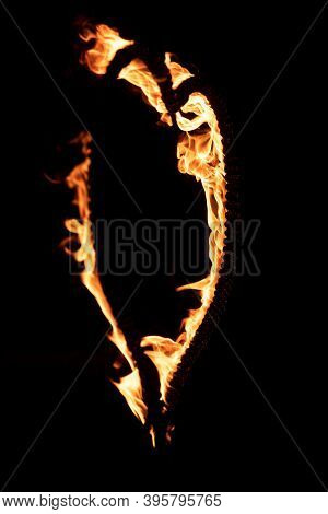 Burning Heart With Flames. Isolated On Dark Background. Fire Show In Night. Happy Valentines Day Car