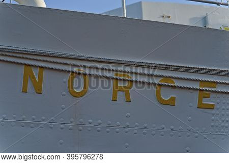 Oslo, Norway - Aug. 29th 2020: Name Plate The Norwegian Royal Yacht Norge.