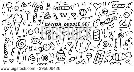 Candy Doodle Set. Hand Drawn Lines Cartoon Collection. Gummy, Sweet, Sugar, Chocolate, Caramel, Loll