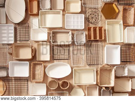 Flat Lay Of Marie Kondos Storage Boxes, Containers And Baskets With Different Sizes And Shapes