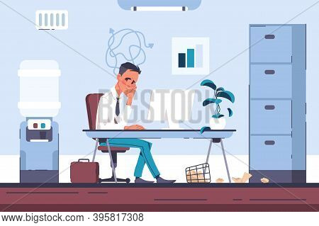 Tired Office Worker. Burnout Businessman With Headache, Overloaded Employee In Psychological Stress.