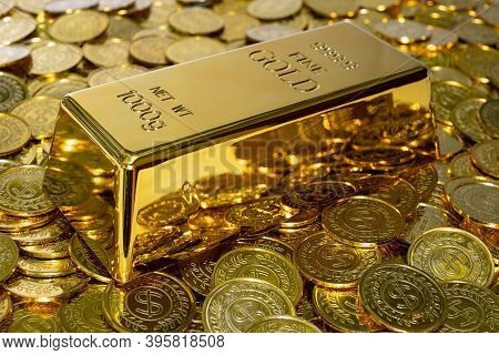 Closeup Shiny Gold Bar 1 Kg On The Stack Gold Coin A Lot Of
