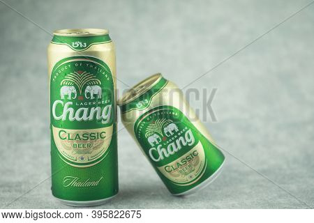 Bangkok, Thailand - November 21, 2020 : Two Cans Size Of Chang Beer, A Pale Lager Brewed By Thaibev,