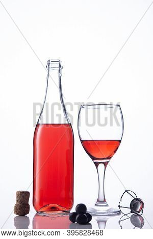 Bottle And Glass Of Lambrusco Wine  On White Background..