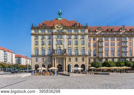 Dresden, Germany - September 11, 2020: Historic Buildings At The Altmarkt Square In Dresden, Germany