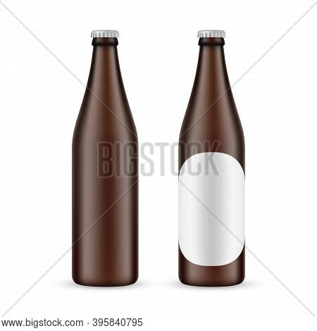 500ml Amber Beer Bottle With Label And Blank Mockup Isolated On White Background. Vector Illustratio