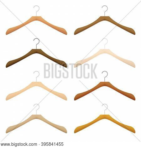 Clothes Hanger, Wooden Coathanger Set, Various Woods And Textures. Isolated Vector Illustration On W