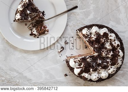 Cake Black Forest, Traditional German Cake. Top View With Copy Space
