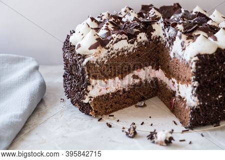 Cake Black Forest, Traditional German Cake. Closeup