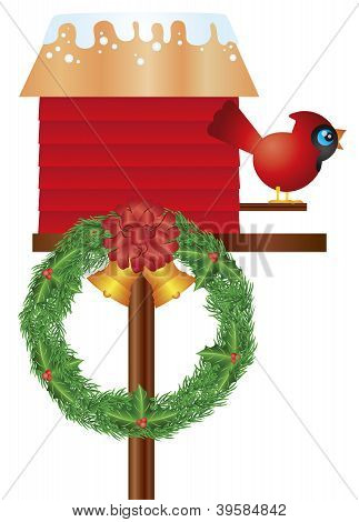Joulu Birdhouse Cardinal ja seppele kuvitus