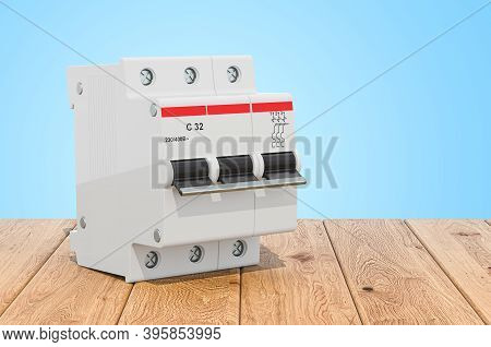 Three-pole Miniature Circuit Breaker On The Wooden Planks, 3d Rendering