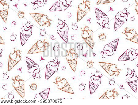 Ice Cream With Strawberry. Seamless Pattern Pink Ice Cream For Kids, Adult, Caffee. Vector Illustrat