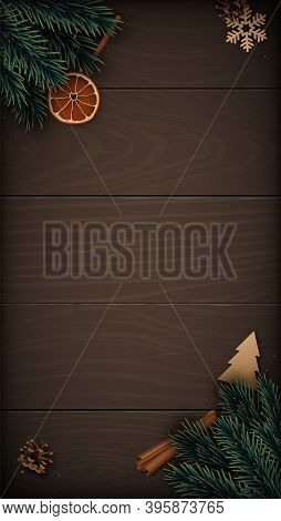 Festive Vertical Design Template With Winter Decor On Woden Background. Flat Lay Composition With Fi