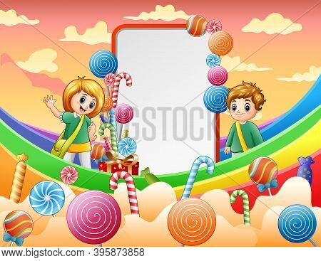 Kid And Blank Sign On Rainbow Illustration