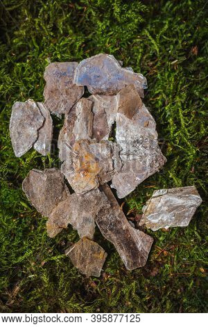 Still Life- Stones In Green Moss For Interior Decoration