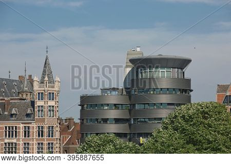 Cityscape Of A Port Of Antwerp In Belgium Over The River.