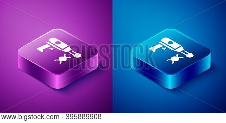 Isometric Transfer Liquid Gun In Biological Laborator Icon Isolated On Blue And Purple Background. S