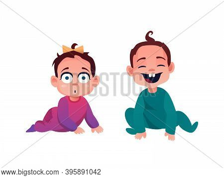 Baby Boy And Girl Isolated Cute Toddler Kids. 7 Or 8 Month Children, Smiling Cartoon Infants In Romp