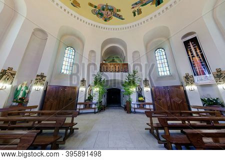 Smorgon, Belarus - September 2017:  Interior And Dome And Looking Up Into A Old Catholic Baroque Chu