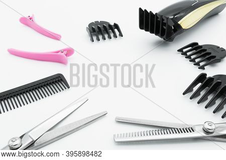 Hair Scissors Set Hairdressing Tools With Cordless Electric Hair Clipper Are Isolated On White Backg