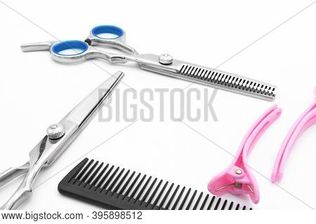 Hair Scissors Set Hairdressing Tools Isolated On White Background..
