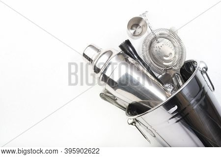Steel Bar Tools And Accessories For Making Cocktail. Shaker, Jigger, Strainer, Spoon, Tongs, Muddler
