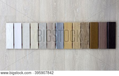 And Species For Laminate And Parquet Flooring. Multi-colored Wood Samples For The Production Of Floo