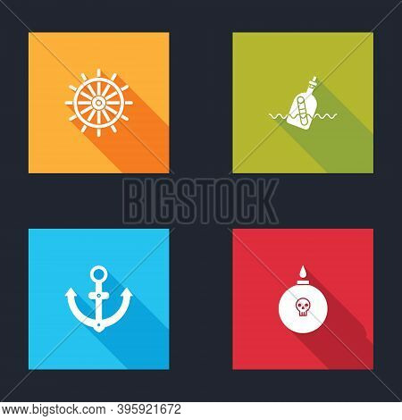 Set Ship Steering Wheel, Bottle With Message Water, Anchor And Bomb Ready To Explode Icon. Vector