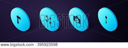 Set Isometric Marshmallow On Stick, Photo Camera, Crossed Arrows And Wooden Axe Icon. Vector