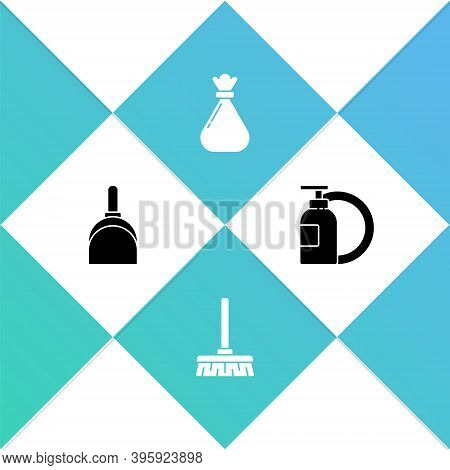 Set Dustpan, Handle Broom, Garbage Bag And Dishwashing Liquid Bottle Plate Icon. Vector