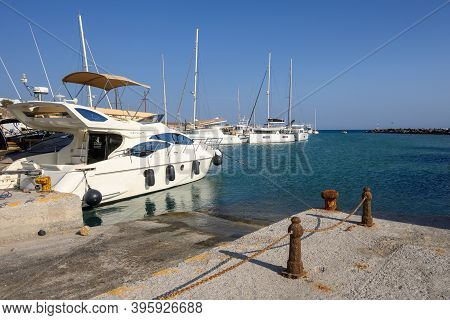 Santorini, Greece - September 16, 2020: Yachts Mooring In The Port Of Vlychada, One Of The Three Big