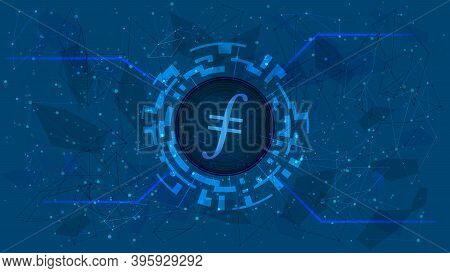 Filecoin Fil Token Symbol In A Digital Circle On Polygonal Blue Background. Cryptocurrency Coin Icon