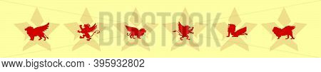 Set Of Winged Lion. Cartoon Icon Design Template With Various Models. Modern Vector Illustration Iso