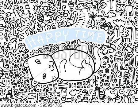 Lying Cat With Doodle Drawing Pattern On White Background, Seamless Pattern. Vector Illustration.