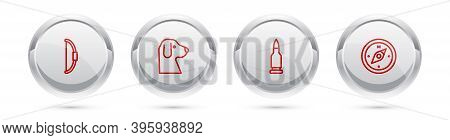 Set Line Bow, Dog, Bullet And Compass. Silver Circle Button. Vector