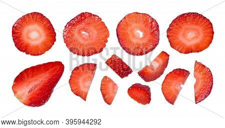Slices Of Fresh Ripe Strawberries Isolated On White Background. Large Set Of Chopped Fruits.